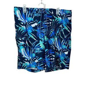 George Mens Swim Quick Dry UPF 50 At The Knee Trunks Blue Palm Leaves New Pocket